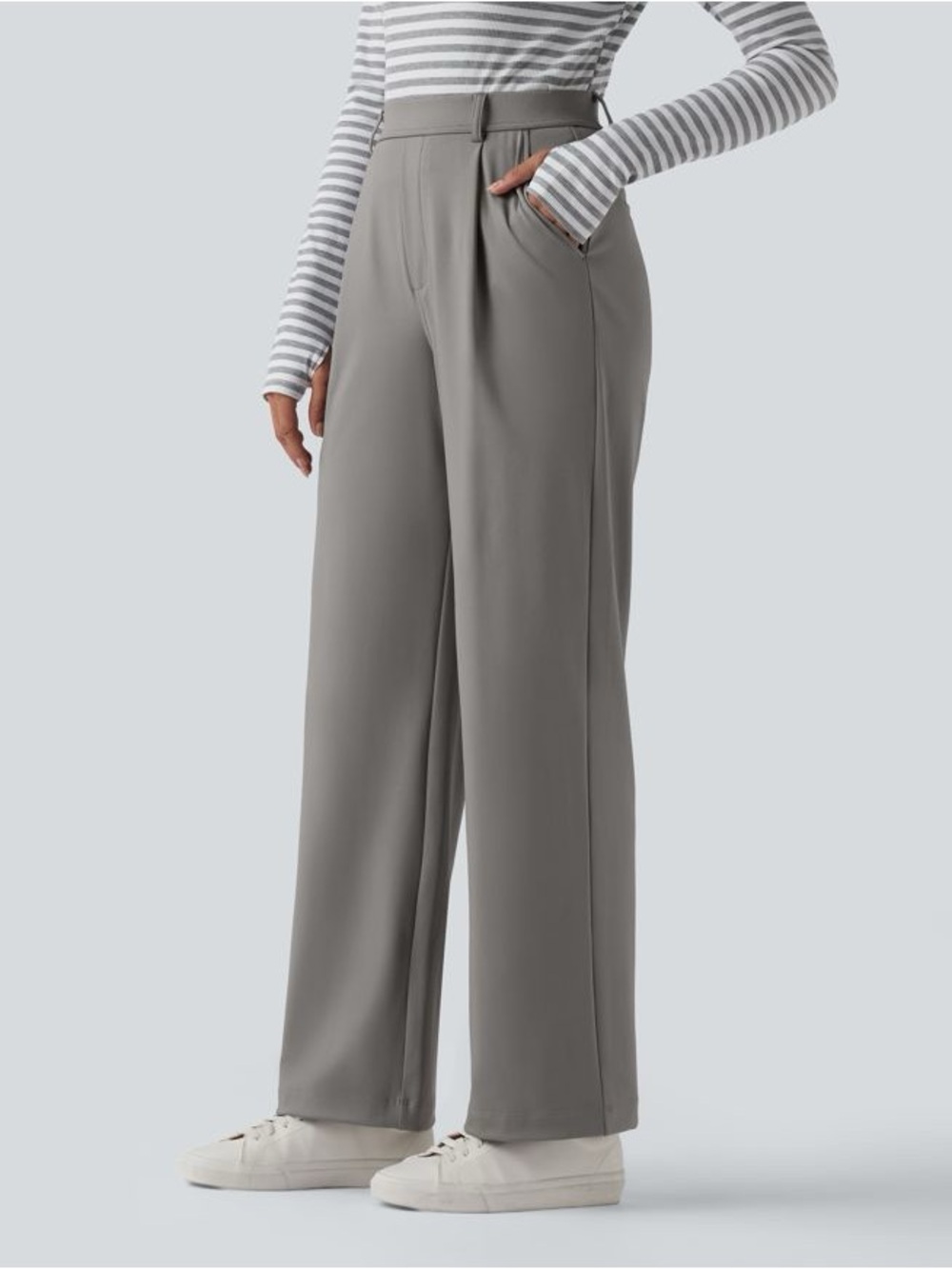 Halara Flex High Waisted Wide Leg Pleated Trousers Grey Work Pants Silent Storm